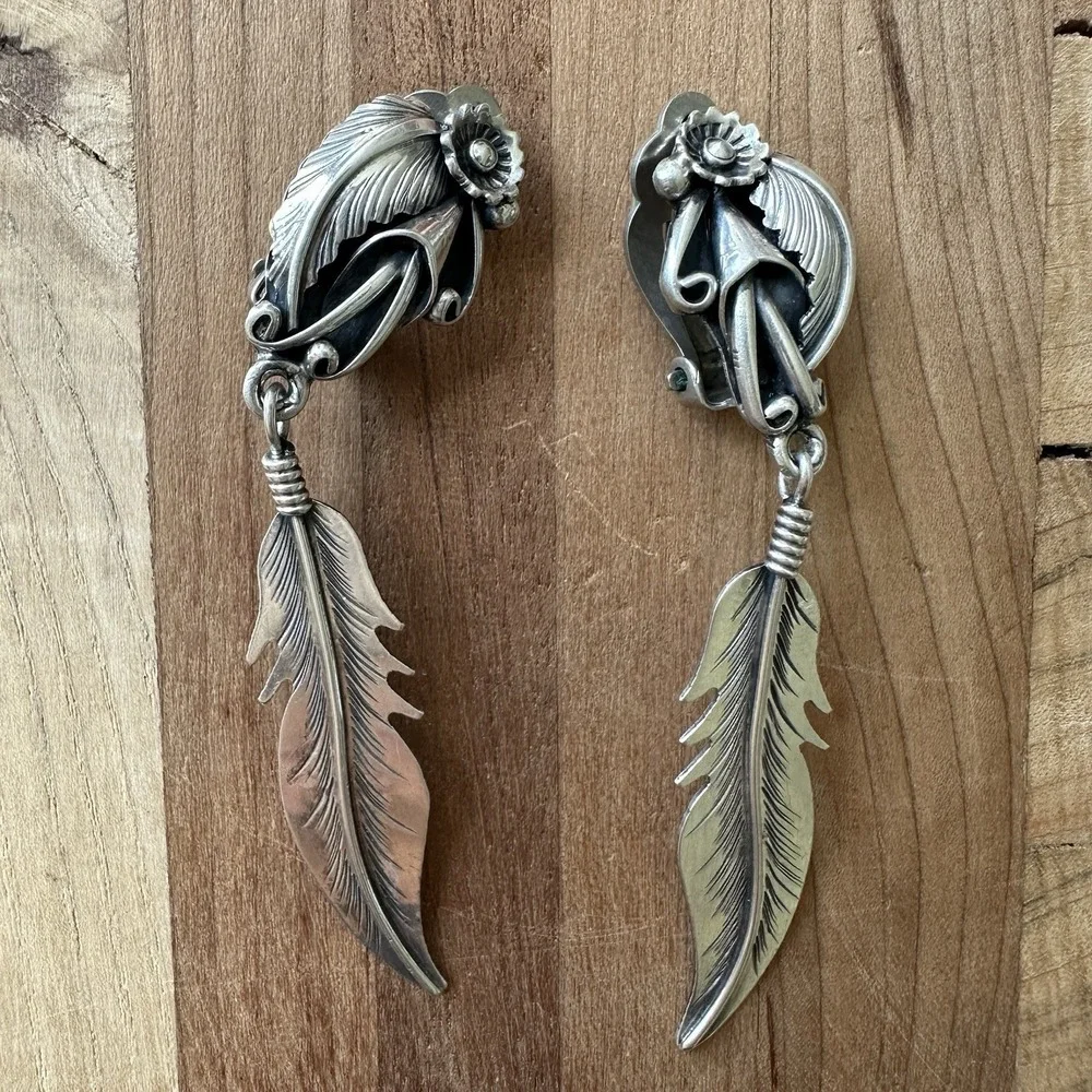 VTG Navajo George Begay‎ Clip Earrings 2.75 Inch Blossom Feather Sterling 11.2g